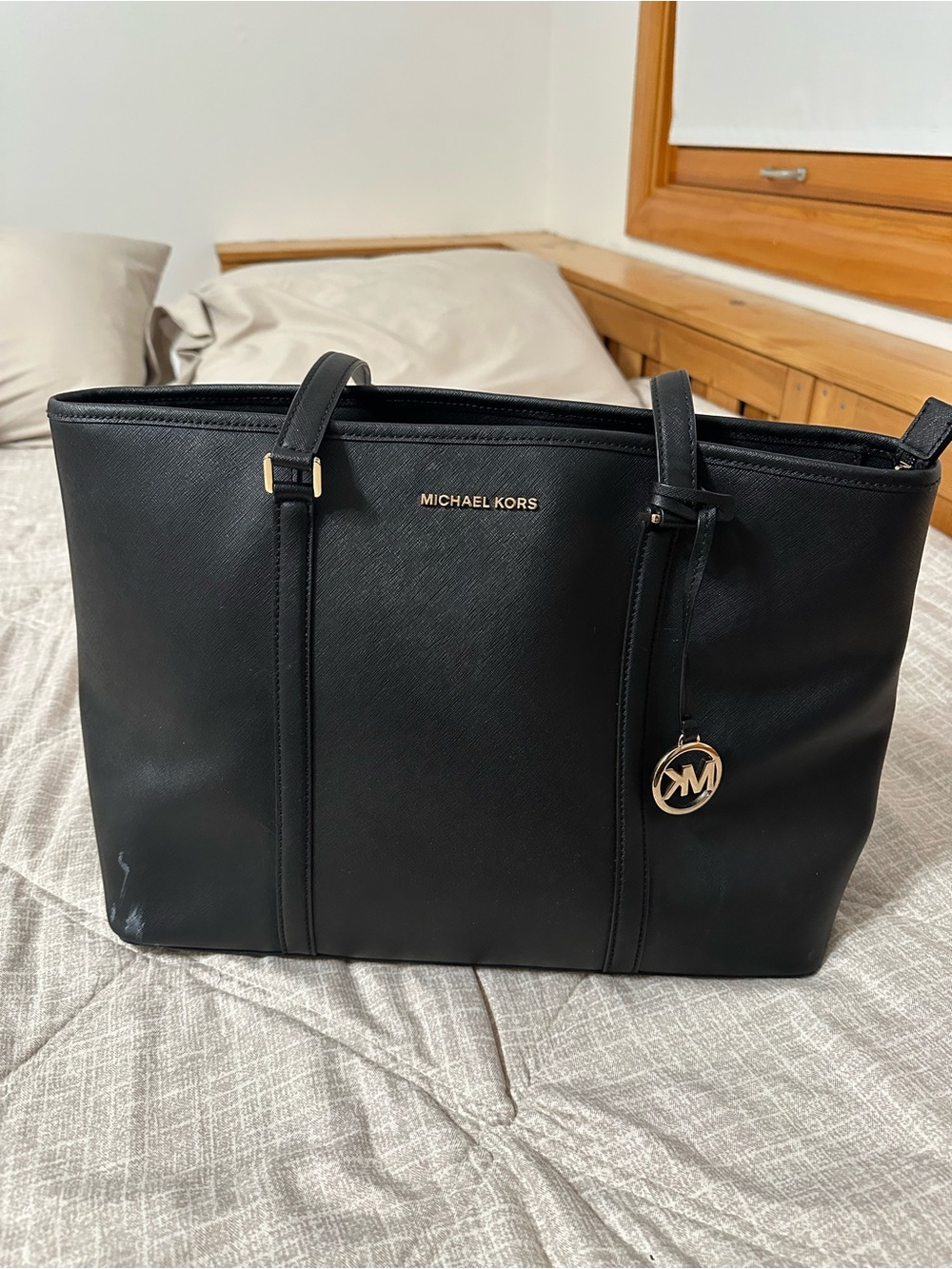 Michael Kors Black Leather Tote with Gold Hardware
